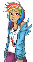 Size: 832x1536 | Tagged: dead source, safe, artist:osottte, imported from derpibooru, rainbow dash, human, humanized, simple background, solo, tan skin, white background