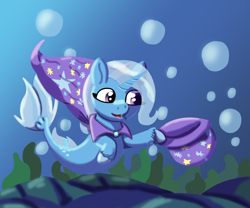 Size: 1800x1500 | Tagged: safe, artist:the crystal artist, derpibooru exclusive, imported from derpibooru, trixie, seapony (g4), unicorn, bubble, cape, clothes, colored hooves, crepuscular rays, cute, diatrixes, digital art, dorsal fin, female, fish tail, flowing tail, happy, hat, horn, lineless, mare, ocean, open mouth, purple eyes, raised hoof, rock, seaponified, seapony trixie, seaweed, shading, smiling, solo, species swap, sunlight, swimming, tail, trixie's cape, trixie's hat, underwater, unshorn fetlocks, water, wet