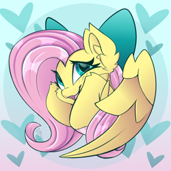 Size: 2500x2500 | Tagged: safe, artist:starcasteclipse, imported from derpibooru, fluttershy, pegasus, pony, bow, bust, cute, ear fluff, female, gradient background, hair bow, heart, looking at you, mare, open mouth, open smile, shyabetes, smiling, smiling at you, solo