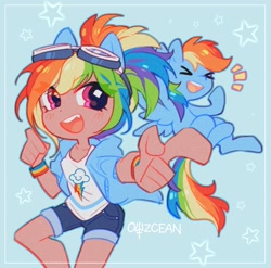 Size: 1937x1912 | Tagged: safe, artist:owzcean, imported from derpibooru, kotobukiya, rainbow dash, human, pony, ><, eared humanization, emanata, eyes closed, goggles, goggles on head, human ponidox, humanized, kotobukiya rainbow dash, moderate dark skin, open mouth, open smile, pointing, self paradox, self ponidox, smiling