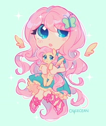 Size: 1979x2370 | Tagged: safe, artist:owzcean, imported from derpibooru, fluttershy, human, pegasus, pony, blushing, eye clipping through hair, floating wings, holding a pony, human ponidox, humanized, light skin, self paradox, self ponidox, smiling, winged humanization, wings