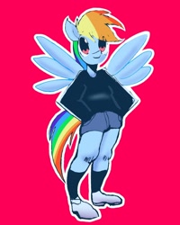 Size: 1080x1350 | Tagged: safe, artist:pgabriel01, imported from derpibooru, rainbow dash, anthro, pegasus, plantigrade anthro, female, red background, simple background, solo