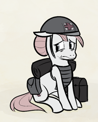 Size: 693x867 | Tagged: safe, artist:tapediggity, imported from derpibooru, nurse redheart, earth pony, pony, armor, bag, body armor, clothes, female, helmet, mare, medic, military uniform, sad, saddle bag, simple background, solo, uniform, war