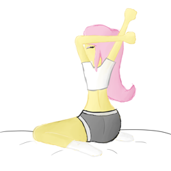 Size: 3000x3000 | Tagged: safe, artist:happyb0y95, imported from derpibooru, fluttershy, human, equestria girls, ass, bed, butt, clothes, cute, eyes closed, female, high res, midriff, shirt, shorts, shyabetes, simple background, socks, solo, stretching, white background