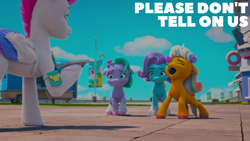 Size: 1920x1080 | Tagged: safe, edit, edited screencap, editor:quoterific, imported from derpibooru, screencap, zipp storm, earth pony, pegasus, pony, unicorn, spoiler:my little pony: make your mark, spoiler:my little pony: make your mark chapter 2, spoiler:myms01e07, cellphone, coat markings, detective zipp, eyes closed, female, filly, flower, flower in hair, foal, frown, g5, glory (g5), group, hoof done it?, mare, my little pony: make your mark, my little pony: make your mark chapter 2, open mouth, peach fizz, phone, pippsqueak trio, pippsqueaks, quartet, sad, seashell (g5), smartphone, socks (coat markings), unshorn fetlocks