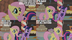 Size: 2000x1125 | Tagged: safe, edit, edited screencap, editor:quoterific, imported from derpibooru, screencap, fluttershy, twilight sparkle, pegasus, pony, unicorn, a bird in the hoof, adorkable, balloon, cake, confetti, confused, cupcake, cute, dork, duo, duo female, female, food, frown, grin, implied princess celestia, mare, nervous, nervous grin, open mouth, open smile, shyabetes, smiling, streamers, twiabetes, unicorn twilight