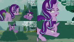 Size: 4400x2475 | Tagged: safe, edit, edited screencap, editor:quoterific, imported from derpibooru, screencap, starlight glimmer, twilight sparkle, alicorn, pony, unicorn, no second prances, annoyed, bush, bushicorn, duo, duo female, female, frown, grin, hiding, irritated, looking at each other, looking at someone, looking back, mare, open mouth, open smile, smiling, spying, starlight glimmer is not amused, twilight bushel, twilight sparkle (alicorn), twilight stalker, unamused