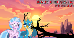 Size: 2064x1049 | Tagged: safe, artist:cloudy glow, artist:dashiesparkle, artist:not-yet-a-brony, imported from derpibooru, gallus, silverstream, griffon, hippogriff, 2023, beach, cloud, driftwood, february, female, friends, friendship, gallstream, hearts and hooves day, holiday, implied shipping, lyrics in the description, male, ocean, rock, shipping, song in the description, song reference, straight, sun, tree branch, valentine's day, water, youtube link in the description