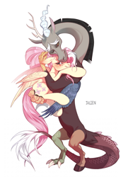 Size: 1633x2257 | Tagged: safe, artist:sweet julien, imported from derpibooru, discord, fluttershy, draconequus, pegasus, pony, 2021, discoshy, emotional, female, floppy ears, holding, holding a pony, hug, male, old art, one eye closed, one eye open, shipping, simple background, straight, white background