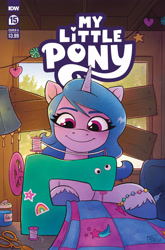 Size: 2063x3131 | Tagged: safe, artist:robin easter, idw, imported from derpibooru, izzy moonbow, pony, unicorn, spoiler:comic, spoiler:g5, spoiler:g5comic, spoiler:g5comic15, blanket, coat markings, comic cover, female, g5, googly eyes, high res, mare, my little pony logo, official, official comic, scissors, sewing, sewing machine, signature, solo