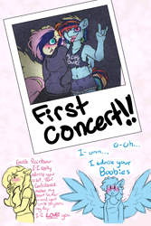 Size: 2000x3000 | Tagged: safe, artist:plushieefeelfeelings, imported from derpibooru, fluttershy, rainbow dash, anthro, pegasus, belly button, blushing, blushing profusely, breasts, busty fluttershy, clothes, devil horn (gesture), dialogue, female, flutterdash, hair dye, lesbian, mare, midriff, polaroid, shipping, spread wings, striped mane, sweater, tanktop, teenager, wingboner, wings