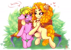 Size: 2048x1448 | Tagged: safe, artist:falafeljake, imported from derpibooru, adagio dazzle, oc, oc:peach cobbler, pony, comic:we will be adored, bench, blushing, canon x oc, chest fluff, collar, cute, ponified