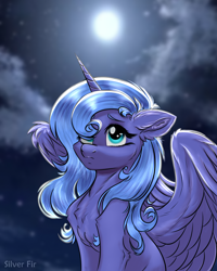 Size: 2000x2500 | Tagged: safe, artist:silverfir, imported from derpibooru, princess luna, alicorn, pony, female, filly, floppy ears, foal, moon, night, s1 luna, sad, sitting, solo, spread wings, wings, woona, younger