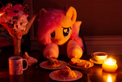 Size: 5184x3456 | Tagged: safe, artist:bugplayer, artist:natureshy, artist:qtpony, imported from derpibooru, fluttershy, pegasus, pony, candle, clothes, cute, date, date night, dinner, fluttershy plushie, food, heart, heart eyes, hearts and hooves day, holiday, irl, looking at you, pasta, photo, photography, plushie, pony plushie, socks, spaghetti, striped socks, valentine's day, waifu, waifu dinner, wingding eyes