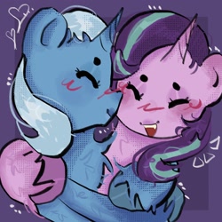 Size: 2048x2048 | Tagged: safe, artist:stanleyiffer, imported from derpibooru, starlight glimmer, trixie, pony, unicorn, blushing, chest fluff, eyes closed, female, heart, hug, lesbian, nuzzling, open mouth, open smile, shipping, smiling, startrix