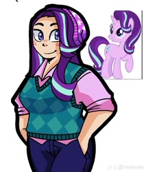 Size: 912x1071 | Tagged: safe, artist:binturita, imported from derpibooru, starlight glimmer, human, pony, unicorn, equestria girls, clothes, simple background, smiling, standing, white background