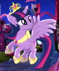 Size: 576x692 | Tagged: safe, imported from derpibooru, twilight sparkle, alicorn, pony, ai content, ai generated, castle, flying, jewelry, let's fly to the castle, lowres, regalia, solo, sparkles, spread wings, twilight sparkle (alicorn), wings