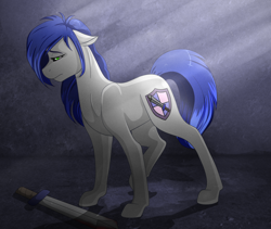 Size: 1350x1141 | Tagged: safe, artist:llacky, imported from derpibooru, oc, oc only, earth pony, pony, earth pony oc, sad, solo, sword, weapon