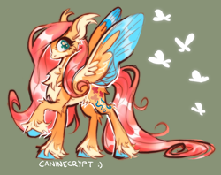 Size: 1280x1012 | Tagged: safe, artist:caninecrypt, imported from derpibooru, fluttershy, butterfly, flutter pony, pegasus, pony, belly fluff, butt fluff, butterfly wings, chest fluff, ear fluff, fluffy, green background, hoof fluff, leg fluff, looking at you, raised hoof, simple background, solo, spread wings, standing, starry eyes, unshorn fetlocks, wing fluff, wingding eyes, wings