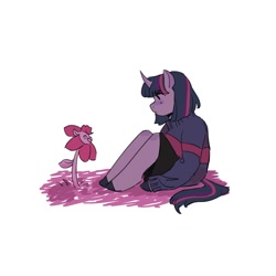 Size: 1280x1280 | Tagged: safe, alternate version, artist:cardigansandcats, imported from derpibooru, pinkie pie, twilight sparkle, anthro, pony, unicorn, clothes, duo, flower, frown, simple background, sitting, skirt, undertale, white background