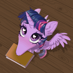 Size: 1080x1080 | Tagged: safe, artist:eiirine, imported from derpibooru, twilight sparkle, alicorn, pony, adorawat, animated, big eyes, blushing, book, cute, didn't i do it for you, ear fluff, gif, heart, heart eyes, hoers, long snout, looking at you, meme, mouth hold, solo, spread wings, twiabetes, twilight sparkle (alicorn), wingding eyes, wings
