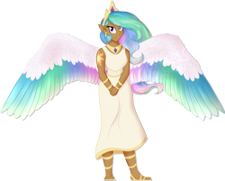 Size: 1024x823 | Tagged: safe, artist:princessfaeron, imported from derpibooru, princess celestia, human, clothes, colored wings, dress, elf ears, humanized, moderate dark skin, multicolored wings, simple background, solo, transparent background, winged humanization, wings