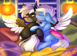 Size: 2801x2046 | Tagged: safe, artist:yuris, imported from derpibooru, oc, oc only, oc:midnight serenity, bat pony, changeling, pegasus, pony, bed, changeling oc, chinese lantern, commission, duo, ears up, fangs, female, floppy ears, frog (hoof), garland, lantern, lies, male, night, open mouth, paper lantern, pillow, room, smiling, spread wings, tongue out, underhoof, window, wings