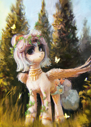 Size: 2292x3190 | Tagged: safe, artist:rvsd, imported from derpibooru, oc, oc only, pegasus, pony, female, forest, lineless, looking at you, mare, painterly, solo, spread wings, wings
