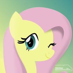 Size: 1997x1997 | Tagged: safe, artist:ponyrailartist, imported from derpibooru, fluttershy, pegasus, pony, gradient background, looking at you, one eye closed, solo, wink, winking at you