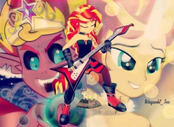 Size: 1024x746 | Tagged: safe, artist:wakanqi10, imported from derpibooru, sunset shimmer, demon, human, equestria girls, clothes, daydream shimmer, electric guitar, female, guitar, musical instrument, ponied up, solo, sunset satan