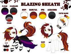 Size: 4312x3280 | Tagged: safe, artist:avrameow, imported from derpibooru, oc, oc only, oc:blazing sheath, pony, unicorn, chest fluff, clasp, clothes, ear fluff, ear piercing, earring, eyebrows, eyeshadow, female, highlights, horn, jewelry, leg fluff, leg rings, looking at you, magic, magic aura, makeup, mare, piercing, reference sheet, robe, scabbard, shoes, simple background, sword, text, transparent background, unicorn oc, weapon