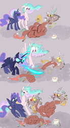 Size: 3000x5432 | Tagged: safe, artist:ja0822ck, imported from derpibooru, discord, princess celestia, princess luna, alicorn, pony, asexual reproduction, bisection, cake, cutie mark swap, cyriak, discord being discord, female, food, gordian knot, knife, mare, not salmon, wat