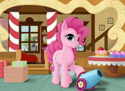 Size: 2475x1800 | Tagged: safe, artist:xodok, imported from derpibooru, pinkie pie, earth pony, pony, series:ponyashnost, box, cake, cupcake, food, indoors, looking at you, party cannon, present, smiling