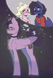 Size: 2319x3388 | Tagged: safe, artist:pledus, imported from derpibooru, oc, oc only, oc:fenris ebonyglow, oc:kara waypoint, earth pony, pegasus, blushing, clothes, ear piercing, earring, female, fusion, jewelry, male, mare, necklace, piercing, scarf, scrunchy face, simple background, stallion, thought bubble