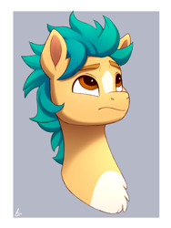 Size: 1500x2000 | Tagged: safe, artist:luminousdazzle, imported from derpibooru, hitch trailblazer, earth pony, pony, spoiler:g5, spoiler:my little pony: tell your tale, spoiler:tyts01e08, bed mane, blaze (coat marking), bust, chest fluff, coat markings, facial markings, foal me once, g5, male, messy mane, my little pony: tell your tale, solo, stallion, unamused