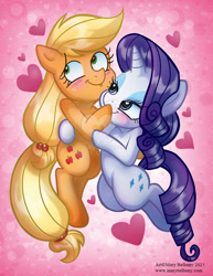 Size: 600x777 | Tagged: safe, artist:marybellamy, imported from derpibooru, applejack, rarity, earth pony, pony, unicorn, blushing, cute, duo, female, heart, jackabetes, lesbian, mare, obtrusive watermark, pink background, raribetes, rarijack, shipping, simple background, watermark, zorilita