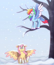 Size: 1004x1213 | Tagged: source needed, safe, artist:cometiny, imported from derpibooru, fluttershy, rainbow dash, pegasus, pony, chest fluff, coat markings, colored eartips, colored hooves, cute, dashabetes, duo, female, looking at someone, mare, prank, shyabetes, sitting, snow, snowfall, socks (coat markings), spread wings, standing, tree, wavy mouth, wings, winter, wrong eye color