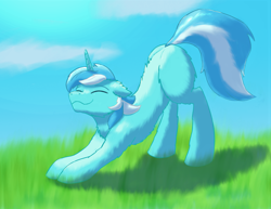 Size: 988x761 | Tagged: safe, artist:gosha305, imported from derpibooru, lyra heartstrings, pony, unicorn, :3, behaving like a cat, colored, eyes closed, female, full body, grass, grass field, happy, missing cutie mark, solo, stretching