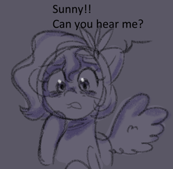 Size: 682x667 | Tagged: safe, anonymous artist, imported from derpibooru, pipp petals, pegasus, pony, series:anorexic sunny, concerned, female, g5, hoof on chin, implied sunny starscout, mare, offscreen character, solo, spread wings, talking, wings