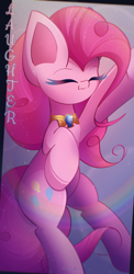 Size: 1055x2160 | Tagged: safe, artist:miryelis, imported from derpibooru, part of a set, pinkie pie, earth pony, pony, big ears, element of laughter, eyes closed, full body, gem, gradient background, impossibly large ears, rainbow, raised hoof, smiling, solo, text