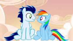 Size: 1920x1080 | Tagged: safe, artist:mlplary6, imported from derpibooru, rainbow dash, soarin', pegasus, pony, animated, cloud, eyes closed, female, gif, kiss on the lips, kissing, looking at each other, looking at someone, male, mare, shipping, sitting, smiling, smiling at each other, soarindash, stallion, straight, sunset