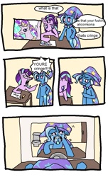 Size: 671x1101 | Tagged: safe, artist:c4n4ry0nl1n3, imported from derpibooru, starlight glimmer, trixie, oc, alicorn, pony, unicorn, bipedal, comic, crying, meme, reflection, spongebob squarepants, vulgar, you're cringe