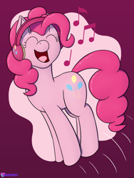 Size: 1500x1995 | Tagged: safe, artist:passionpanther, imported from derpibooru, pinkie pie, earth pony, pony, series:ponies with headphones, cheerful, eyes closed, happy, headphones, jumping, music, music notes, open mouth, open smile, singing, smiling, solo