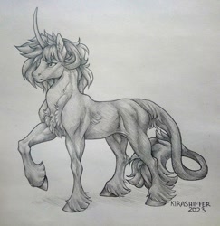 Size: 2097x2160 | Tagged: safe, artist:dementra369, imported from derpibooru, oc, oc only, oc:spring wind, pony, unicorn, chest fluff, curved horn, grayscale, horn, leonine tail, monochrome, solo, tail, tail fluff, traditional art, unshorn fetlocks