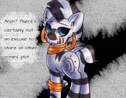 Size: 1281x1000 | Tagged: safe, artist:pinkdoesstuff, derpibooru exclusive, imported from derpibooru, zecora, zebra, blushing, butt, cute, female, implied anon, looking at you, looking back, photo, plot, rhyme, signature, smiling, smiling at you, solo, solo focus, zecorable, zecorass