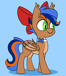 Size: 1300x1500 | Tagged: safe, artist:fakkajohan, imported from derpibooru, oc, oc only, oc:fakka, bat pony, pony, bat pony oc, blue background, bow, cyan background, fangs, hair bow, male, necktie, pale belly, simple background, solo