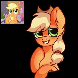 Size: 1000x1000 | Tagged: safe, artist:pinkdoesstuff, imported from derpibooru, screencap, applejack, earth pony, pony, black background, blushing, cute, jackabetes, photo, raised hoof, redraw, simple background, smiling, solo