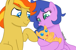 Size: 1102x725 | Tagged: safe, artist:cosmicart16, imported from derpibooru, flash sentry, oc, oc:fire blaze, oc:melody, earth pony, pegasus, pony, baby, baby pony, colt flash sentry, earth pony oc, family, father and child, father and son, female, holding a pony, like father like son, like mother like son, like parent like child, male, mare, mother and child, mother and son, pegasus oc, signature, simple background, stallion, trio, white background