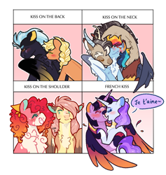 Size: 1041x1097 | Tagged: safe, artist:queerhorses, imported from derpibooru, applejack, discord, fluttershy, pinkie pie, rainbow dash, rarity, thunderlane, twilight sparkle, alicorn, draconequus, earth pony, pegasus, pony, unicorn, alternate design, blush sticker, blushing, chest fluff, colored wings, discodash, female, fluffy, flutterpie, french, gradient wings, grin, kissing, lesbian, male, mare, neck kiss, nuzzling, rarilight, shipping, smiling, stallion, straight, thunderjack, twilight sparkle (alicorn), twitterina design, wings