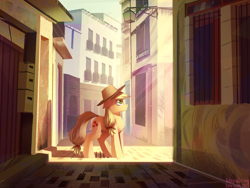 Size: 1920x1440 | Tagged: safe, artist:adagiostring, imported from derpibooru, applejack, earth pony, pony, applejack's hat, city, cowboy hat, cute, female, hat, mare, smiling, solo, standing, street, sun, sunlight